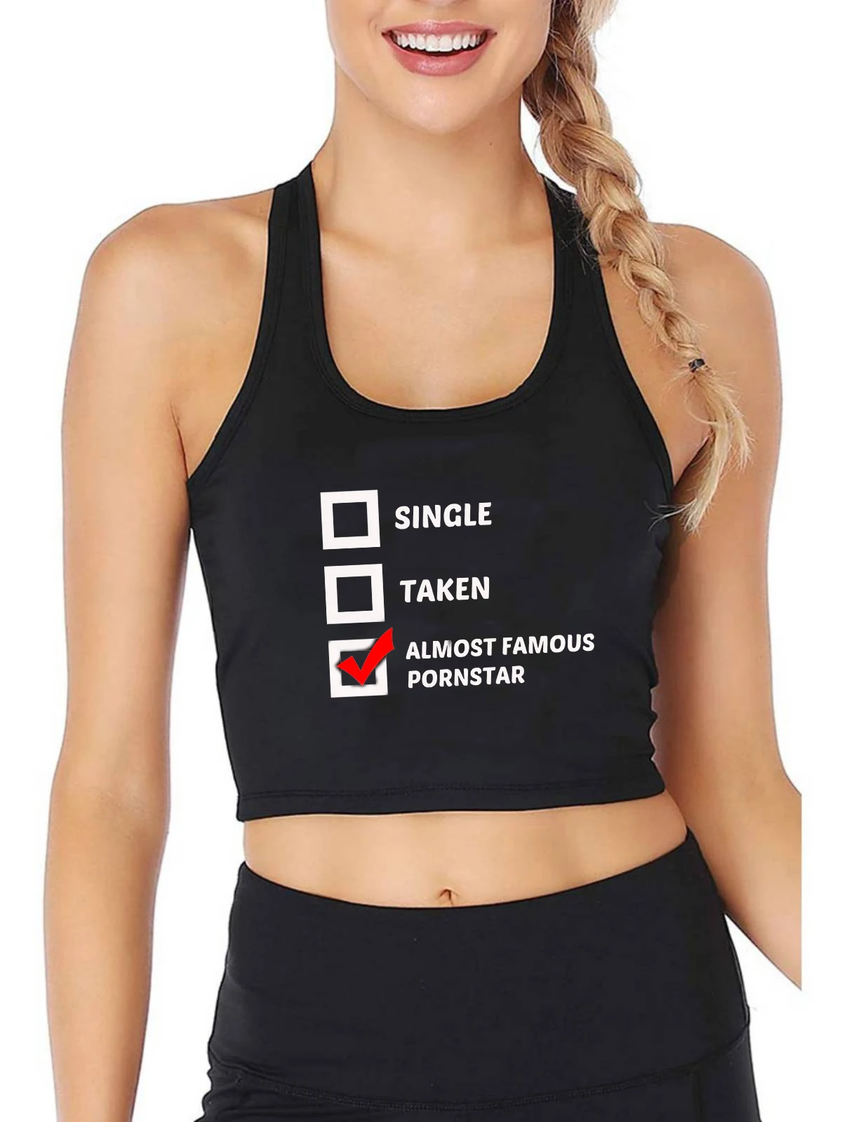 

Almost Famous Pornstar Print Tank Tops Adult Humor Fun Flirtatious Style Crop Top Hotwife Naughty Sexy Training Camisole