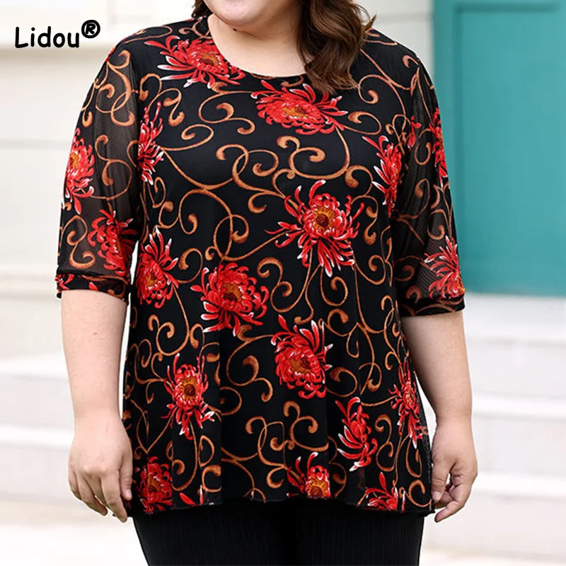 

Summer Plus Size Clothes Vintage Floral Print T-Shirt Contrast Color Lace O-Neck Loose Half Sleeve Middle Aged and Elderly Top