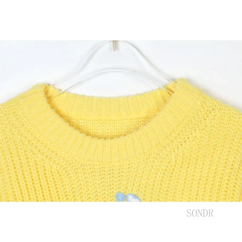 Женский свитер оверсайз 2024 пуловер Lazy Oaf желтый вышитый корейский модный вязаный