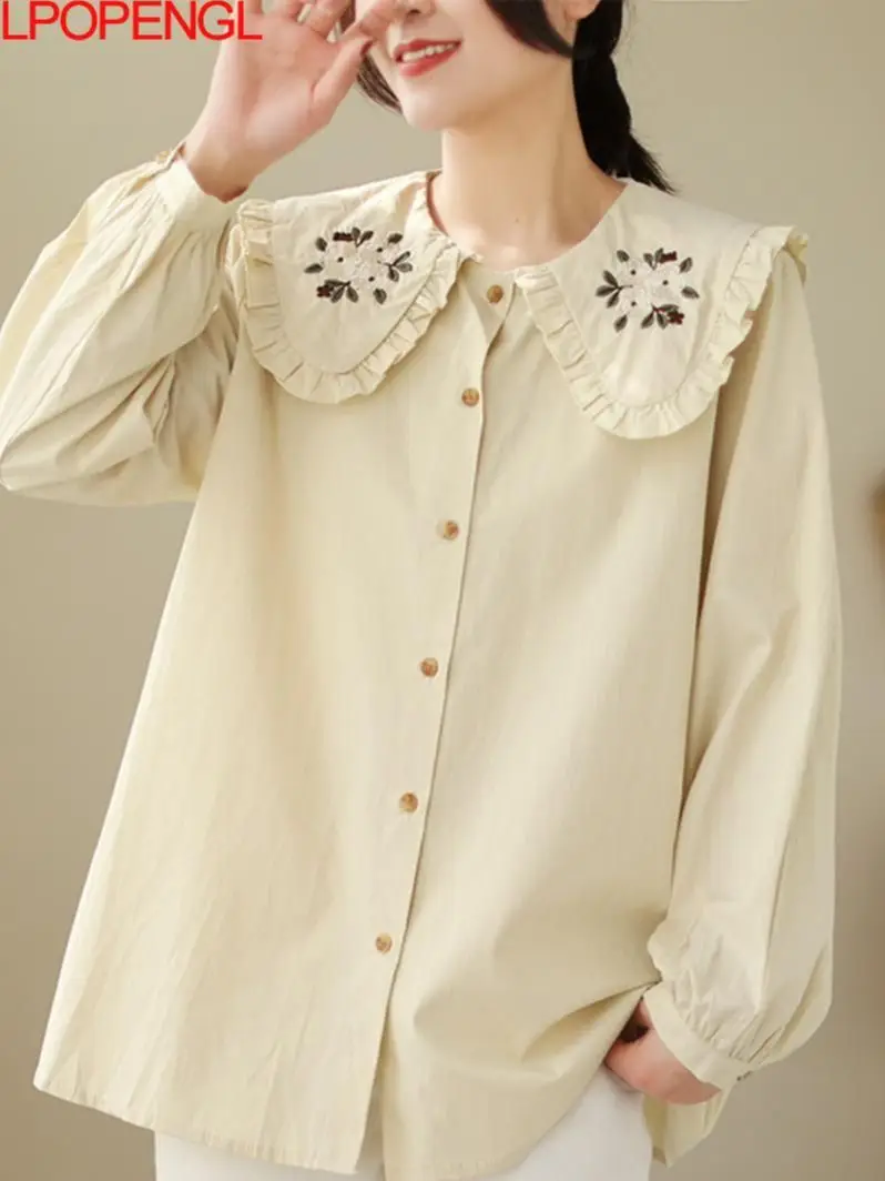

Женская винтажная блузка с цветочным принтом, Офисная однобортная рубашка с длинными рукавами и воротником «Питер Пэн», с литературной вышивкой, весна 2023