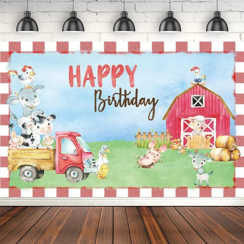 

Photography Backdrop Farm Red Barn Truck Fence Green Meadow Sheep Cattle Animals Kids Happy Birthday Background Banner Poster