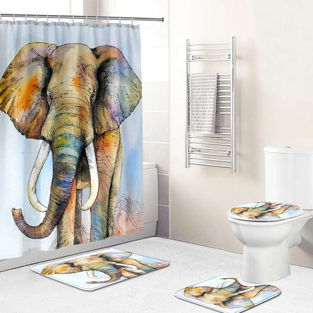 

Слон! Набор из 4-х предметов, нескользящий коврик для ванной, U-образный контурный коврик, крышка для унитаза, водонепроницаемая занавеска дл...