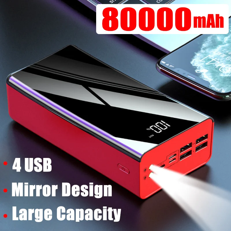 

2023 Fast Charging Power Bank 4USB Portable 80000mAh Charger Mirror Digital Display External Battery Pack 2LED For iPhone/Xiaomi