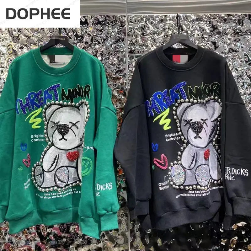 

Trendy 2022 New Autumn Winter Women Sweatshirt Embroidery Beading Cartoon Printed Fleece Hoodie Streetwear Oversize Top Casual