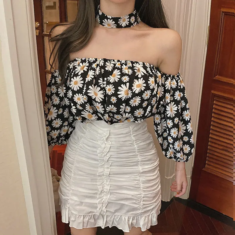 

Women T-shirt Two Piece Sets Lady Loose Off Shoulder Floral Printed Tops+white Skirt T-Shirt Set Summer Sweet Fairy Wear Suits