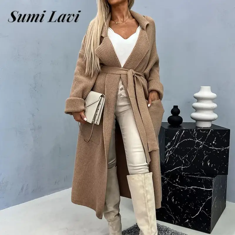 

Fashion Women Long Sleeve Sweater Coat Autumn Winter Solid Color Lapel Long Cardigan Casual Belt Lace-up Pocket Knitted Jackets