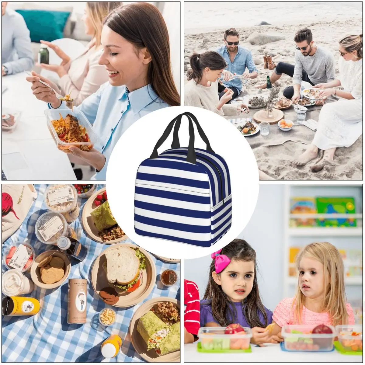 Retro Nautical Lunch Bag with Handle Navy Blue and White Stripe Food Cooler Bag Fancy Carry Office Thermal Bag images - 6