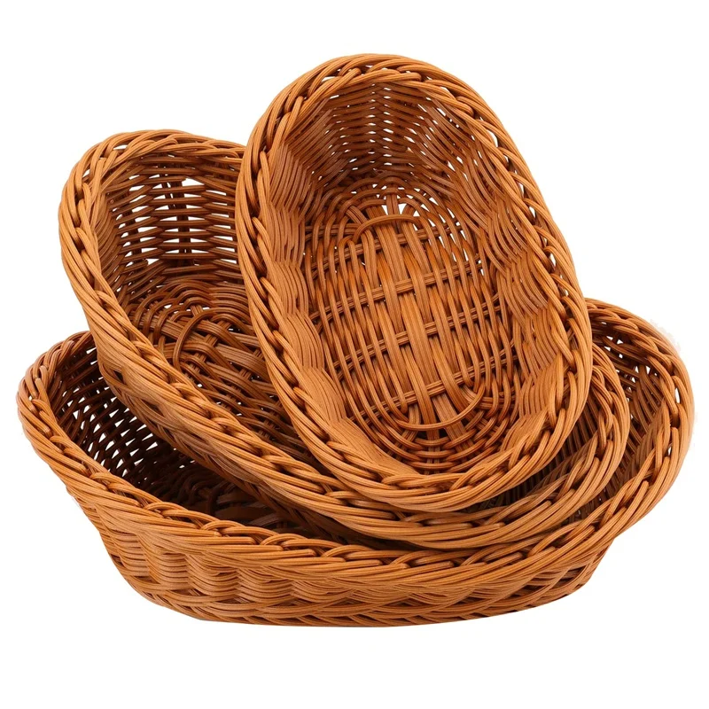 

3 Pack Woven Breads Serving Baskets,Oval Imitation Rattan Fruit Basket,Woven Stackable Tabletop Food Basket,Brown