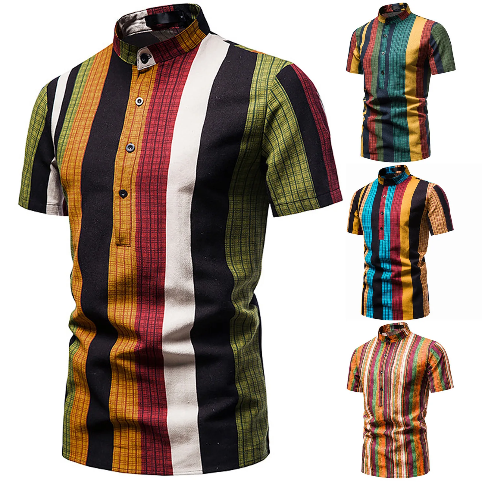 

Summer Men's Stand Collar Slim Fit Striped Printed Shirts Casual Button Pullover Short Sleeved Tops Blouse Camisa Masculina#g3