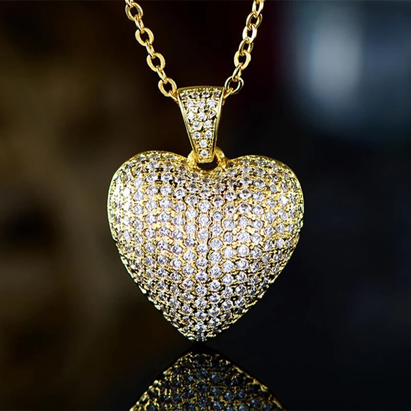 

New Dazzling Gold Color Full Paved CZ Heart Pendant Women Necklace Gorgeous Female Engagement Jewelry Necklaces Hot Selling