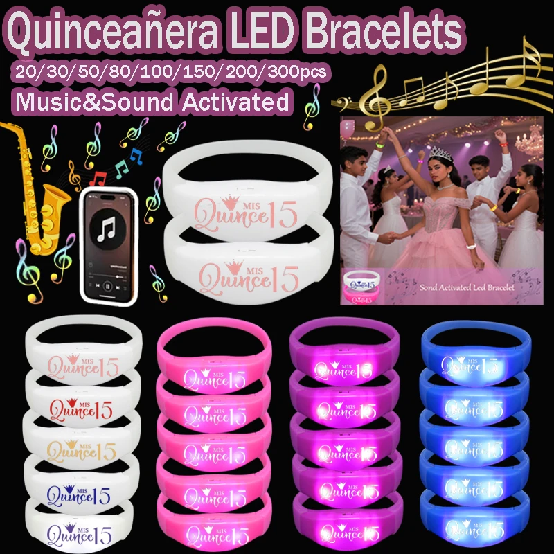 Фото 20-300 шт. Quinceanera музыкальный и звуковой светодиодный браслет с подсветкой для XV 15 Años украшения Quinceañeras №1