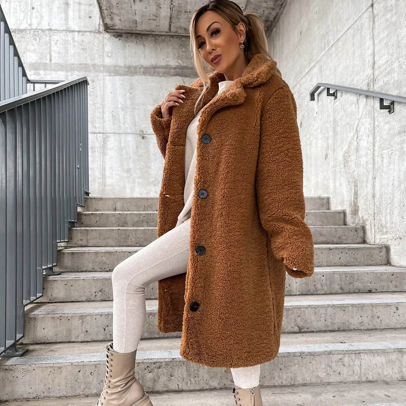 Mid-length Woman Faux Fur Coat 2022 Warm Thick Fluffy Women Outerwear Lapel Long Sleeve Female Teddy Bear Jacket Casual Winter