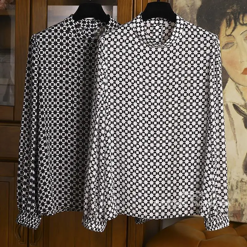 

Fashion Temperament Imitation Silk Half Turtleneck Thin Round Neck Shirt Long Sleeve Top Women