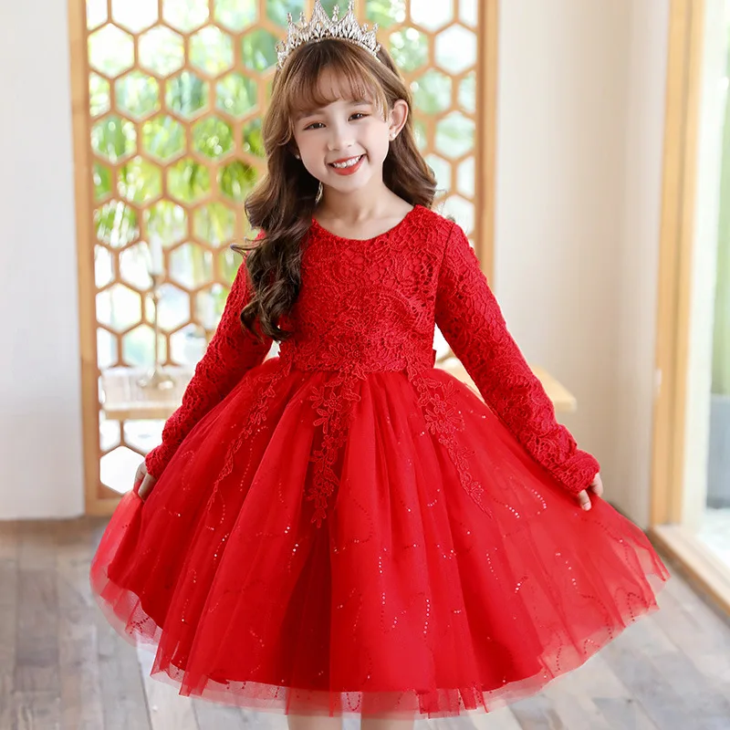 

2022 New Baby Kids Dresses For Girls Birthday Party Long Sleeve Dress Gown Girl Mesh Print Princess Children Wedding Dress 10Y