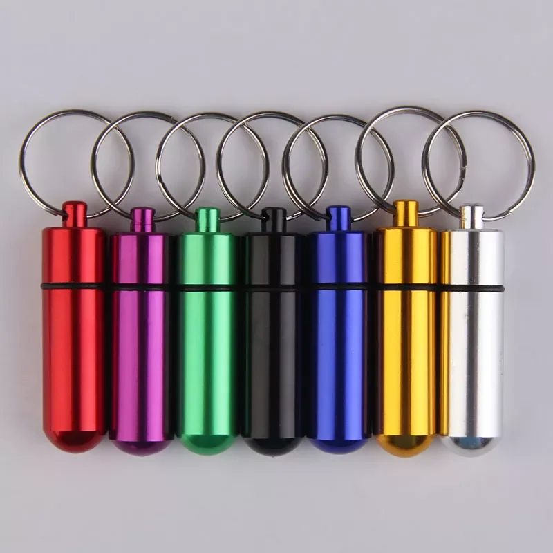 

Small Aluminum Alloy Self Defense First Aid Drug Pill Medicine Kits Storage Case Gallipot Keychain Outdoor Sports Survival Tools