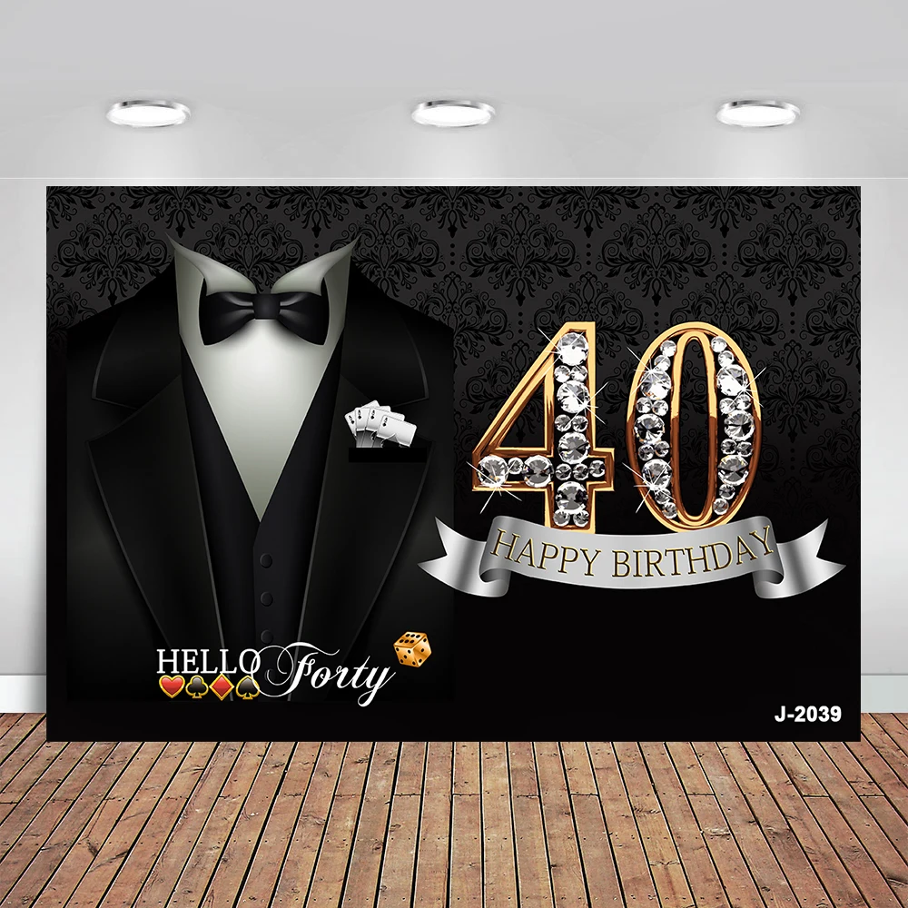 

Happy Men 20 30 40th Birthday Photo Backdrop Gentleman Black Suit Party Decor Banner Poster Tuxedo Photography Background Custom