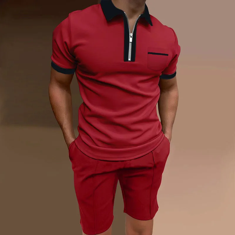 2023 New Men's White Suit Summer Short Sleeve Zipper Polo Shirt And Shorts Suit Fashion Men Two Piece Set