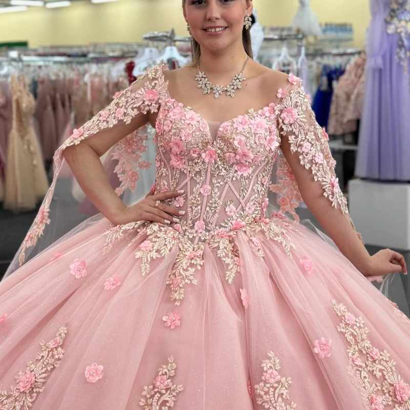 Розовое блестящее платье для Quinceanera милое 15 16 бальное с цветочным орнаментом