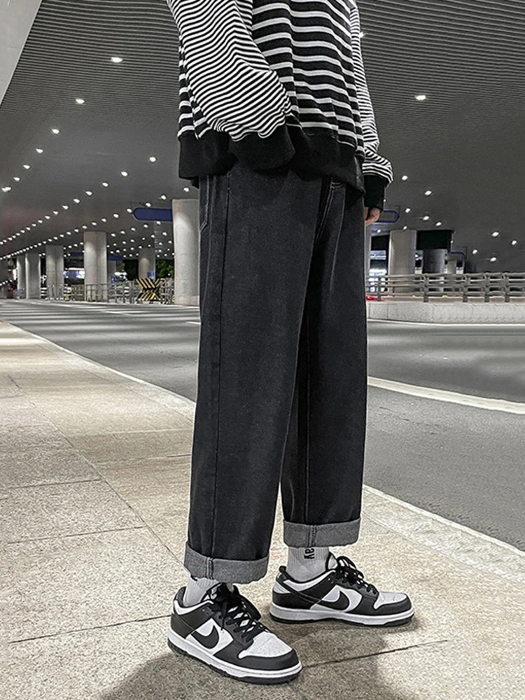 Korean Fashion Men's Baggy Jeans Classic All-match Solid Color Straight-leg Denim Streetwear Wide-leg Pants Male Brand Trousers