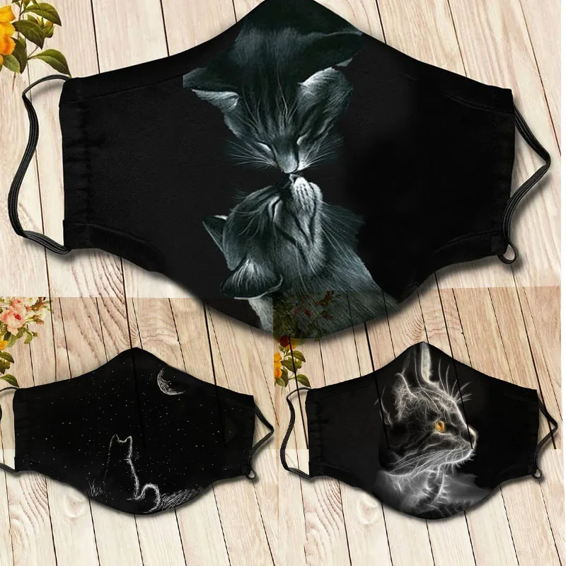 

5/2/1Pcs Black Cat Facial Mask Reusable Washable Face Windproof Masks Cotton Halloween Cosplay Masks