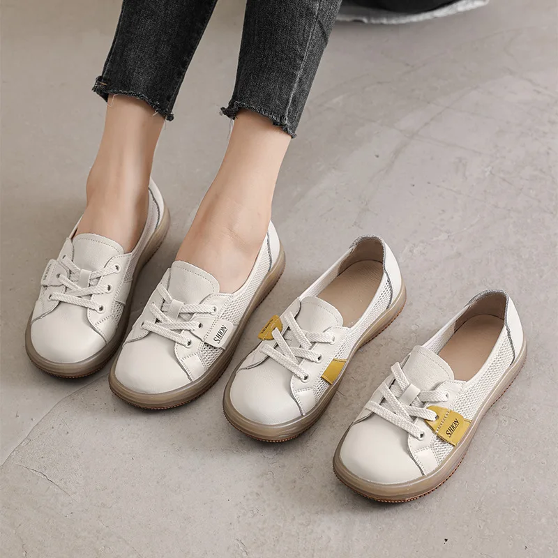 Women's Sandals Head Layer Cowhide Summer Patchwork Small White Shoes Women's 2023Shallow Casual Shoes Soft Single Shoes Luxury