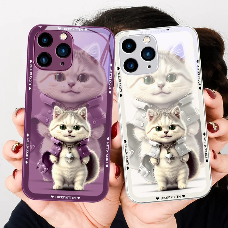 

Green Metal Painted Glass Phone Case for Iphone 14 13 12 11 Pro Max X XS XR 7 8 Plus 2020 SE Cute Cat In Windbreaker