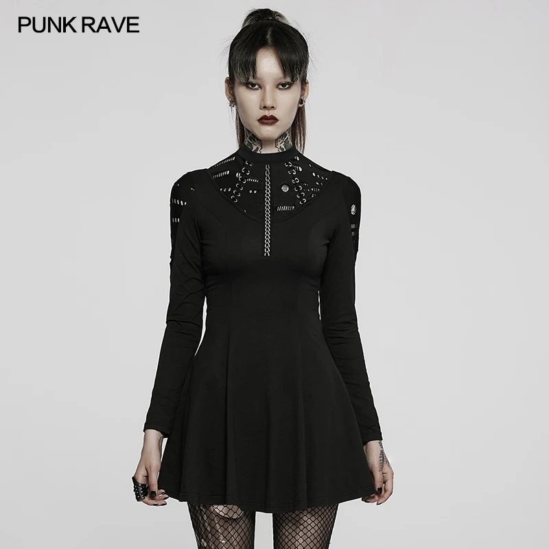 PUNK RAVE Women Gothic Long Sleeve Daily Wear Dress Mesh Knitted Goth 3D Chain Printing Dresses Drawstring Waist Retro Clothing