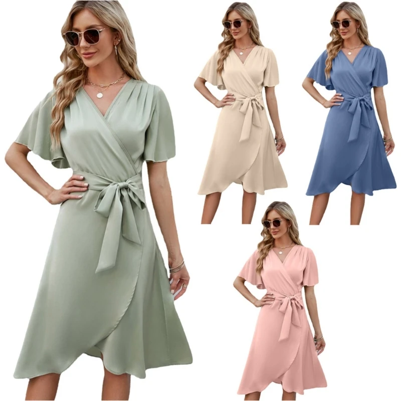 

Женское богемное платье миди с коротким рукавом, V-образным вырезом и поясом