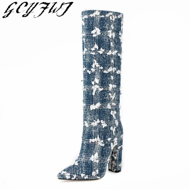 Shoes For Women 2023 Winter New Style Fashion Denim Knee High Boots High Quality Solid Color Pointed Toe Elegant Female Pumps