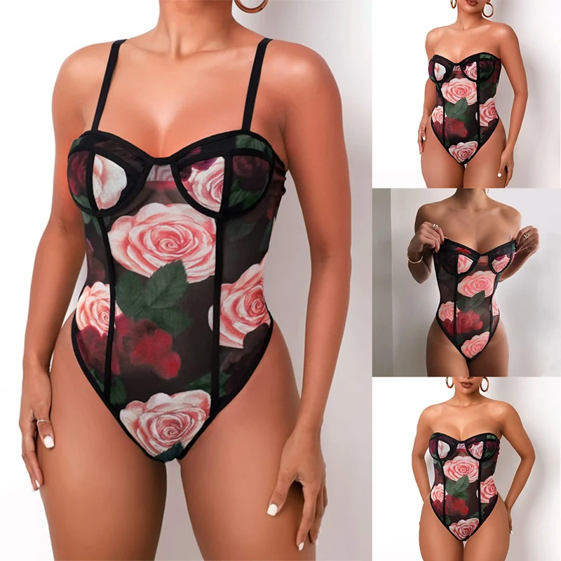 

Пикантные колготки с цветочным принтом, женское облегающее модное Боди без рукавов с круглым вырезом