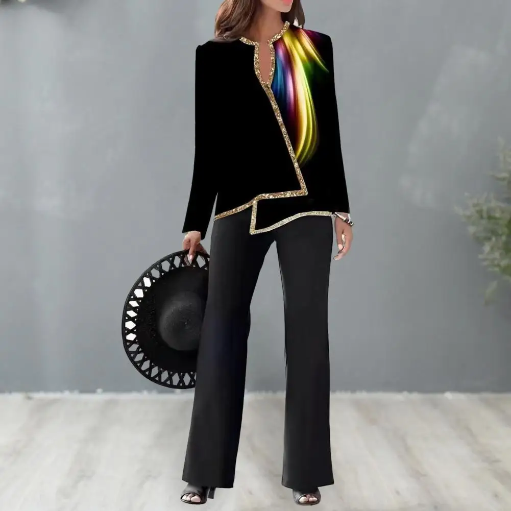 

2Pcs/Set Women V-neck Long Sleeve Shirt High Waist Straight Office Lady Outfit Wide Leg Long Pants Sequins Trim Suit Outfit