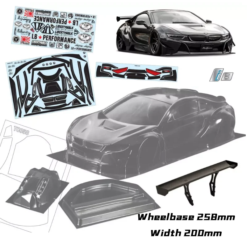 1/10 RC PC shell body I8 super car LB Wide body no paint shell 200mm width 260mm wheelbase for 1/10 drift touring hsp mst d5s