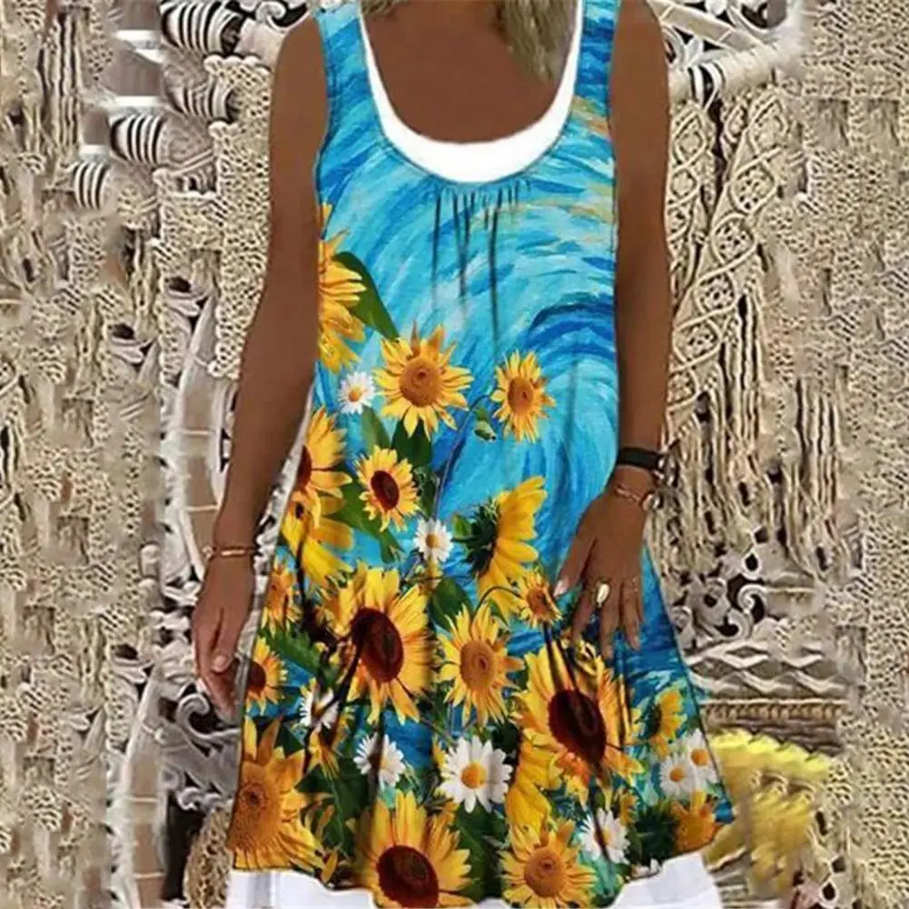 

Женское Повседневное платье до колен, платье без рукавов с круглым вырезом и цветочным принтом для отпуска, повседневная одежда, весна-лето ...