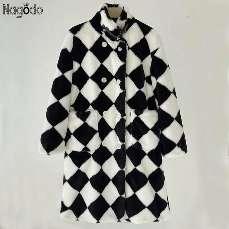 Nagodo Winter Faux Fur Coat New Thick Warm Women's  Rabbit Plaid   with Pocket Checkerboard Black White  Long Jackets