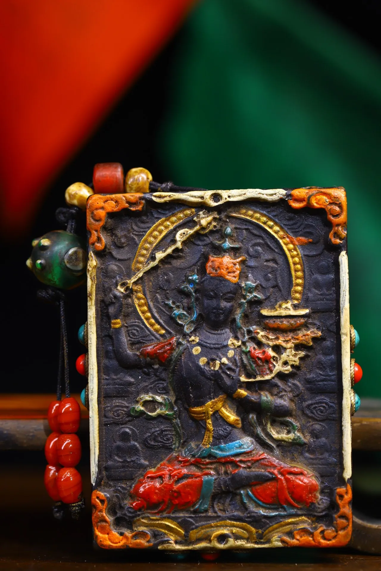

3"Tibetan Temple Collection Old Natural meteorite Gem gZi Beads shell Manjusri Bodhisattva Pendant Amulet Dharma Town House