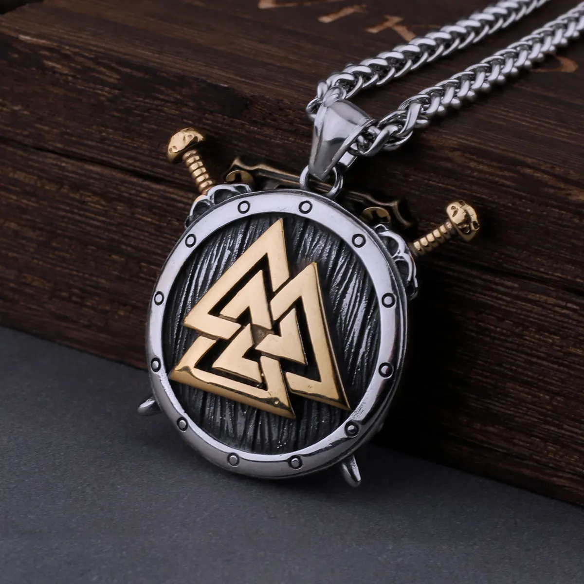 

Stainless Steel Viking Valknut Sword Shield Gold Necklace Men's Fashion Rune amulet Pendant Necklace Vintage Nordic Jewelry Gift