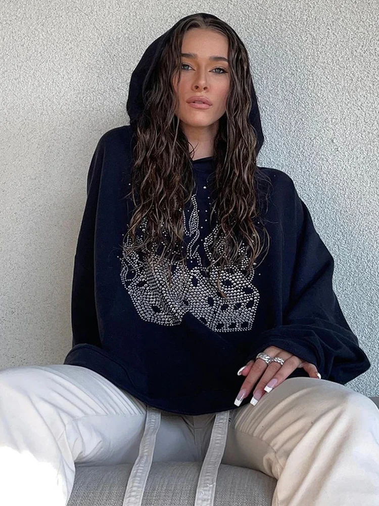 

Woman Clothes 2022 Autumn Rhinestone Hooded Sweatshirts Casual Loose Ladies Long Sleeve Black Hoodies Pullover Streetwear Tops