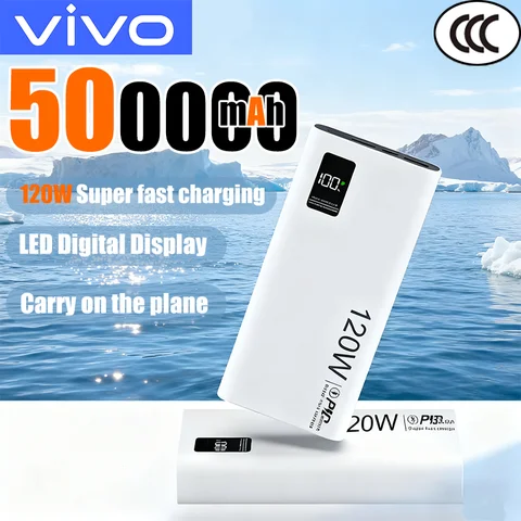 VIVO 500000 мАч Power Bank высокой емкости 120 Вт Быстрая зарядка со светодиодным дисплеем Портативное зарядное устройство для iPhone Samsung Huawei
