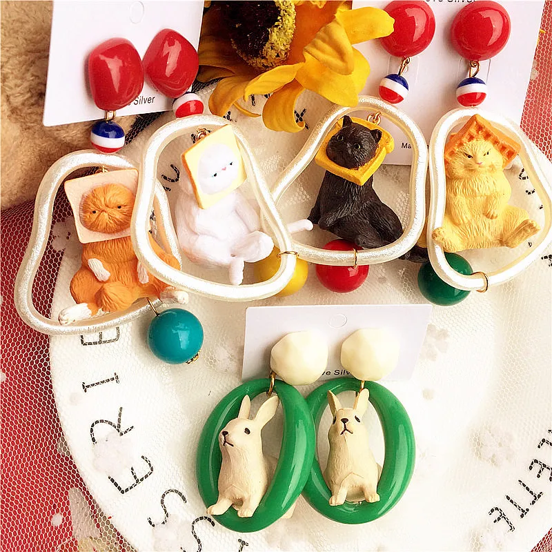 

Exaggerated Toast Cute Cat Earring Rabbit Asymmetrical Earrings Cartoon Animal