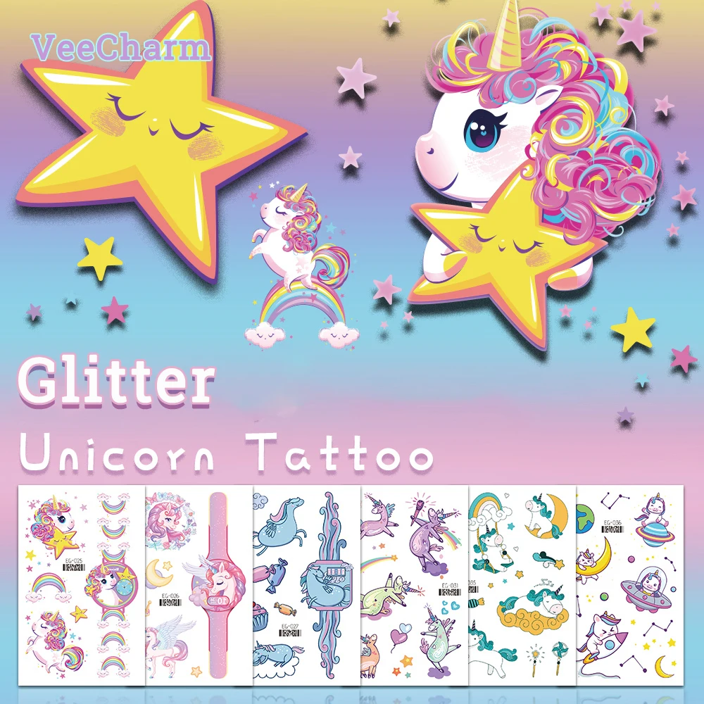 VeeCharm-блестящие Временные татуировки единорога для детей Мультяшные часы со