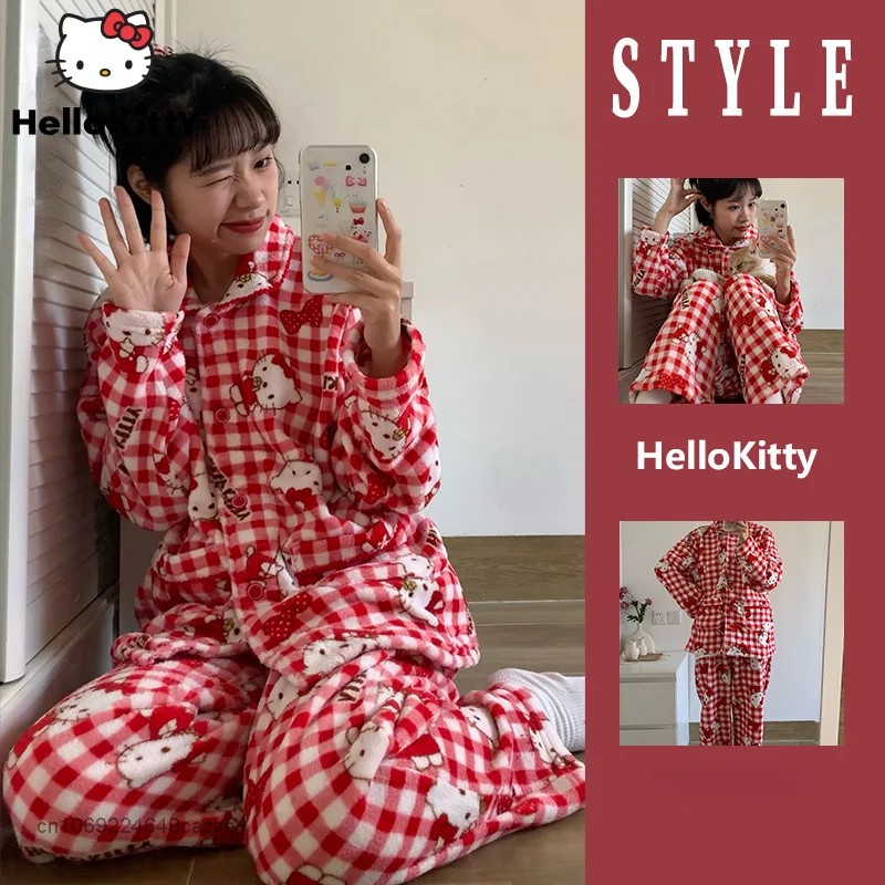 Sanrio Hello Kitty New Red Plaid Home Clothes Y2k Fashion Cardigan Tops Pants Plush Pajamas Suit Women Sleepwear 2 Piece Sets