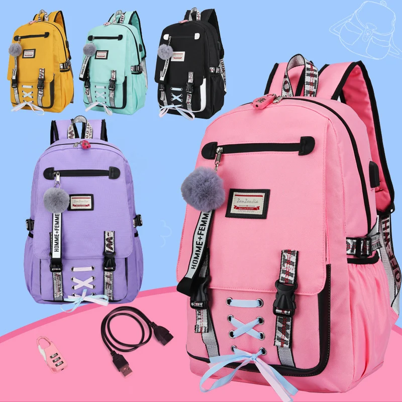 

Girls Large School Bag Wiht USB with Lock Anti Theft Teenagers Canvas Backpack Large Capacity Middle High College Teen Schoolbag