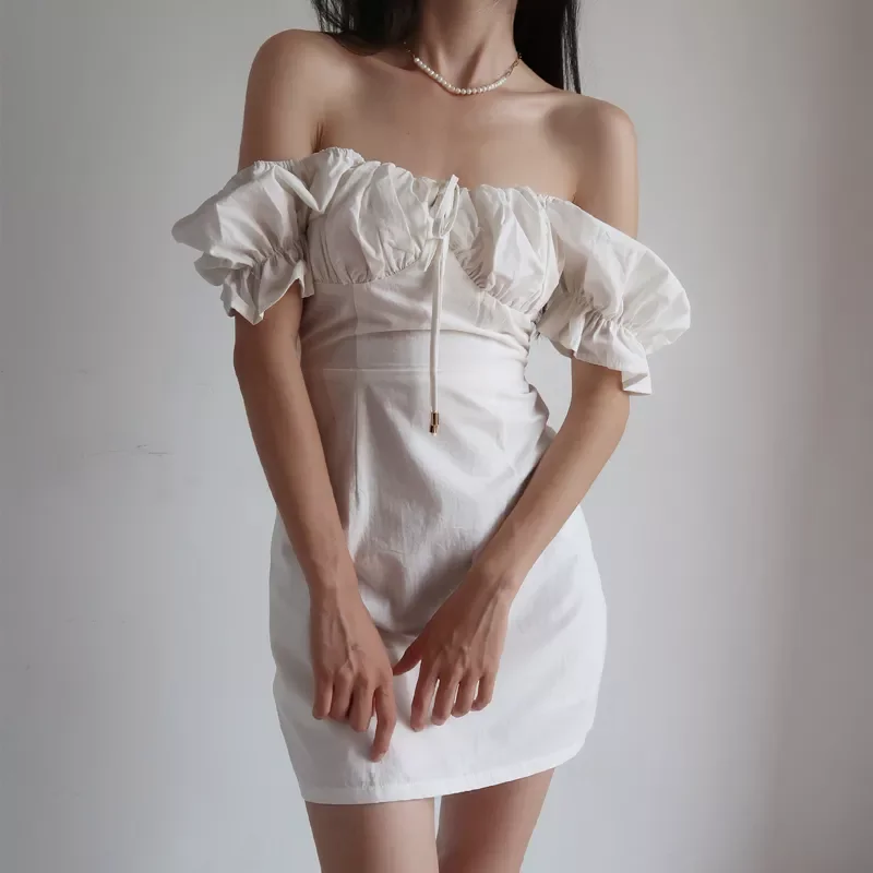 

Summer French Elegant Boho White Light Dress Women Retro Y2k Tie Neck Puff Sleeve Mini Sexy Casual Dresses Beach Party Robe 2022
