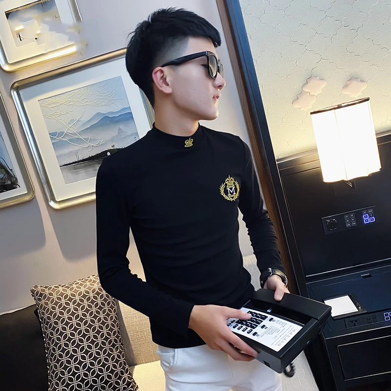 Long sleeves Shirt Men's Autumn New Embroidery Half-high Collar Slim fit Bottoming Pure Black T-shirt Top