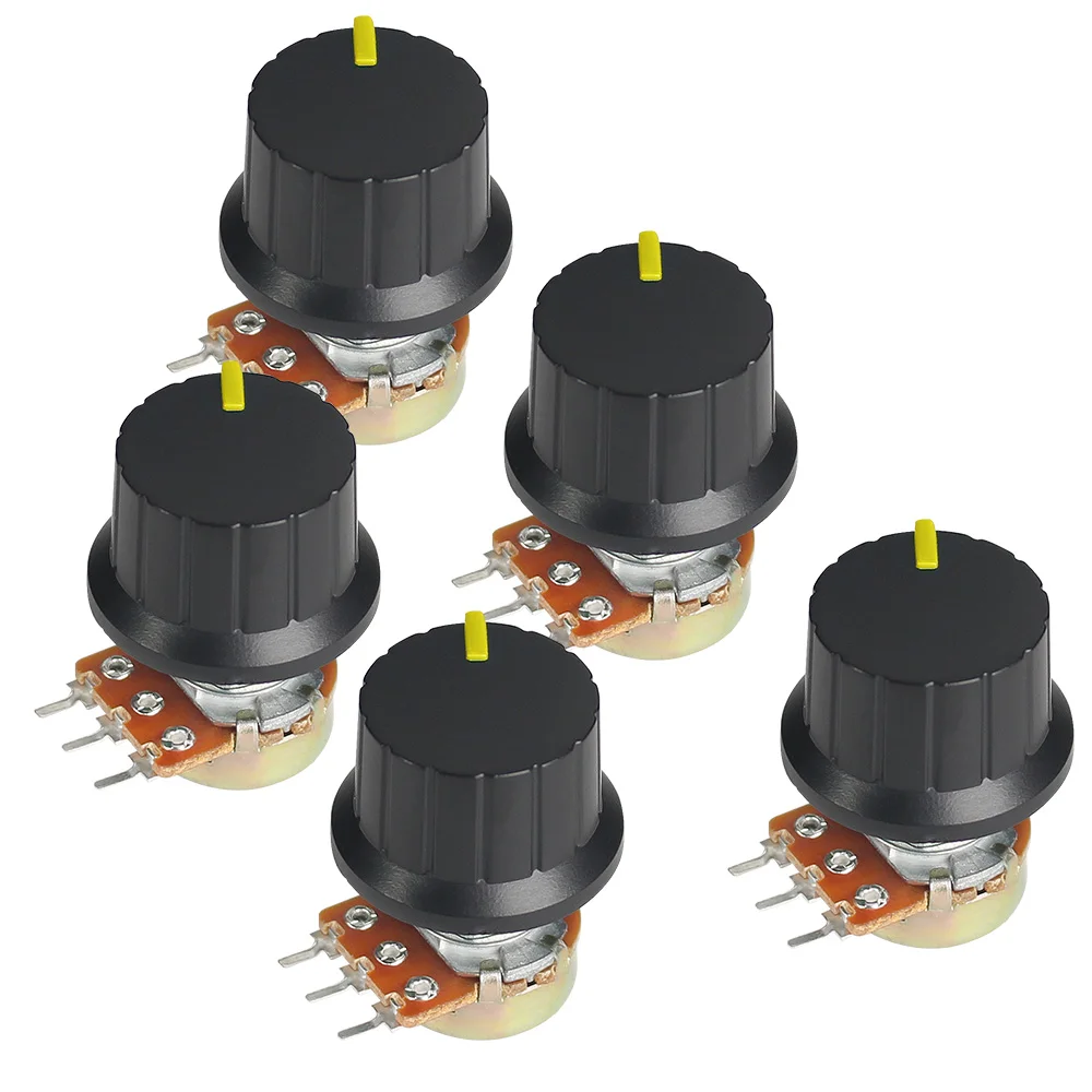 5 комплектов WH148 1K 2K 5K 10K 20K 50K 100K 250K 1 м линейный потенциометр 15 мм 3 контакта с желтой крышкой с ручкой 24x15 мм