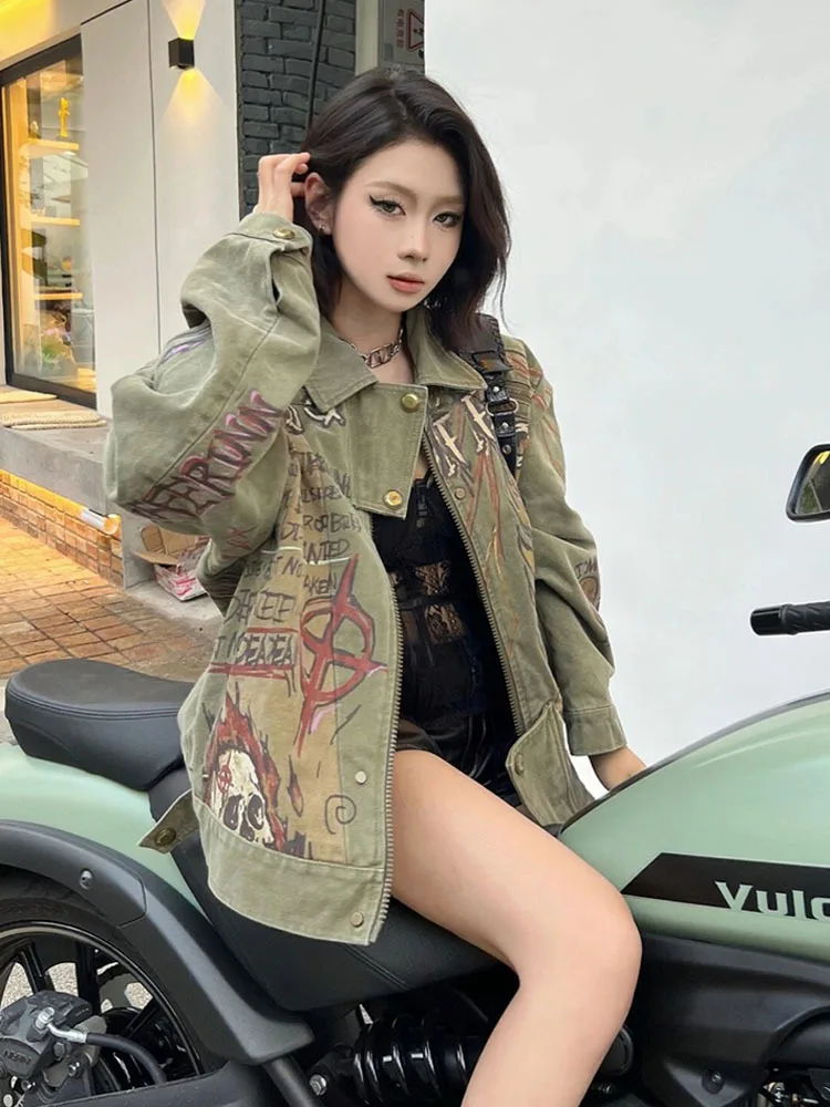 Женская джинсовая куртка с принтом в стиле Харадзюку