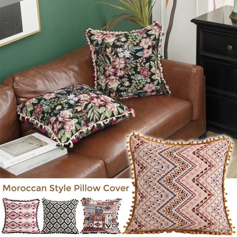 

Retro American Moroccan Style Pillow Cover Wool Ball Trim Living Room Sofa Decorative Cushion Cover Office Chair Cushion Cover