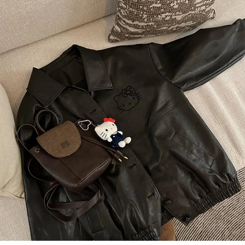 

Hello Kitty Vintage Embroidered Leather Jacket Anime Sanrio Cartoon Home Versatile Outer Jacket Jacket Cute Kawaii Girl Gift
