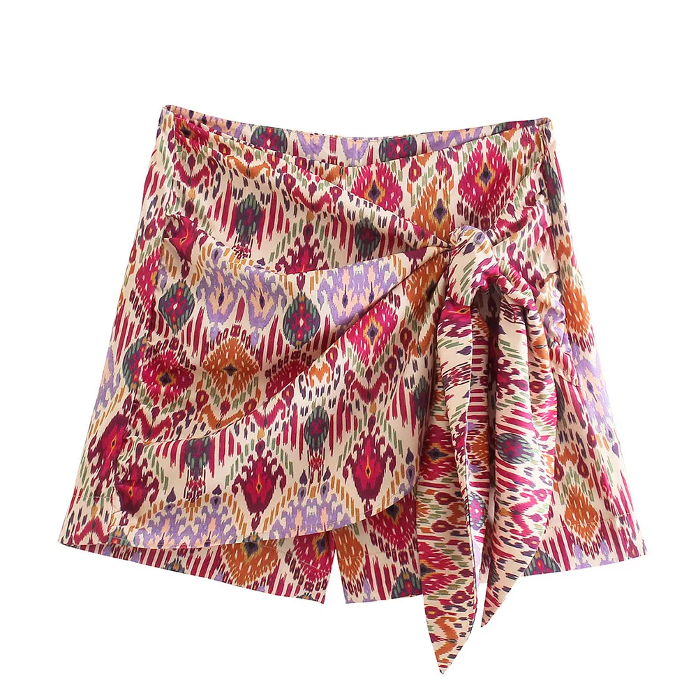 TRAF Women Fashion with Knotted Totem Print Shorts Skirts Vintage High Waist Side Zipper Female Skirts Mujer Casual Swimwear