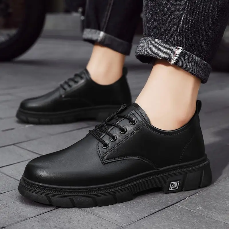 

Men's Shoes Fall British Business Dress Casual Big Head Leather Shoes Men's Work Black and Low Upper Work Martin Trendy Shoes